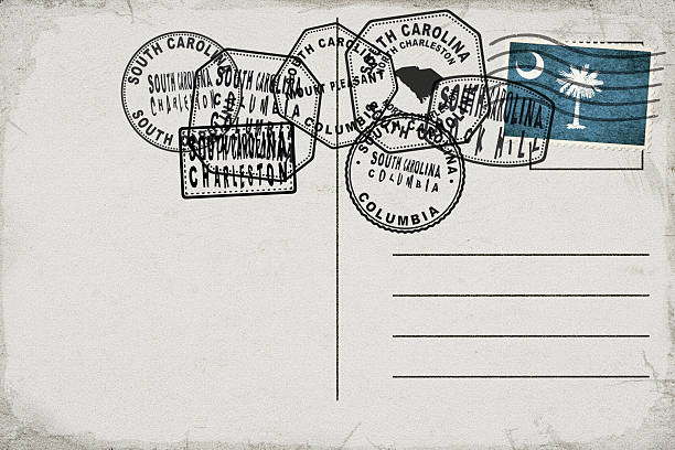 South Carolina Vintage Postcard with Flag Stamp and City Postmarks. NASA public domain imagery used as reference. Manually created, simplified country outline.