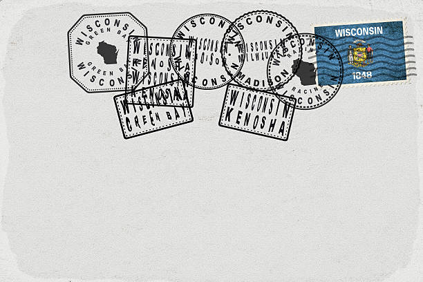 Wisconsin Vintage Postcard with Flag Stamp and City Postmarks. NASA public domain imagery used as reference. Manually created, simplified country outline.