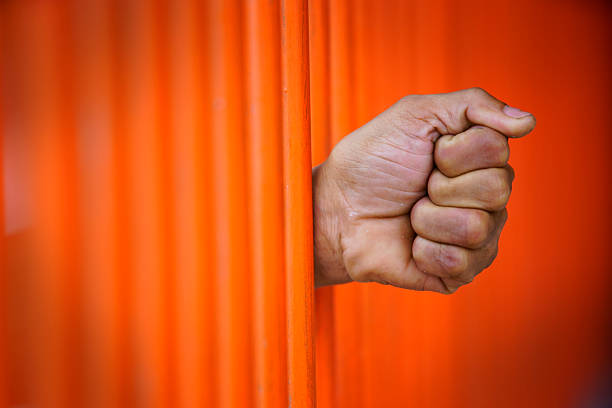 A powerful image showing a clenched fist emerging through metal bars, set against a vivid orange background. This striking visual symbolizes strength and struggle.