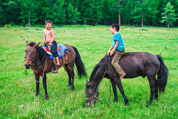 Two boys ride horses in a wide, green meadow bordered by a dense pine forest. One boy, shirtless and barefoot, sits on a saddled brown horse with a blue pad and looks toward his companion. The other, wearing a turquoise shirt and also barefoot, rides a darker horse that grazes with its head down. Wildflowers dot the grass, and the scene feels relaxed, pastoral, and summery.
