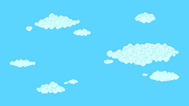 Pixel cloud set. Drifting clouds across blue sky. 8-bit sky, retro style cloudy scene. 16 bit video game elements vector collection.