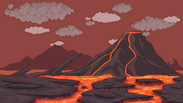 Pixel art volcanic landscape with volcano, flowing lava, rocky terrain and drifting clouds. Seamless horizontal hell-themed background for video games. Vector side scrolling fantasy scene.