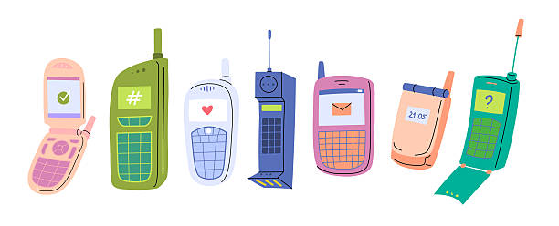 Cartoon Color Different Retro Mobile Phones Set Nostalgia Concept Flat Design Style with Elements Thin Line. Vector illustration