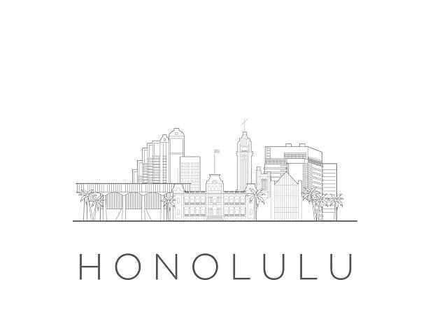 Honolulu, Hawaii skyline, USA. Urban cityscape with landmarks and monuments. Hand drawn line art digital skyline illustration.