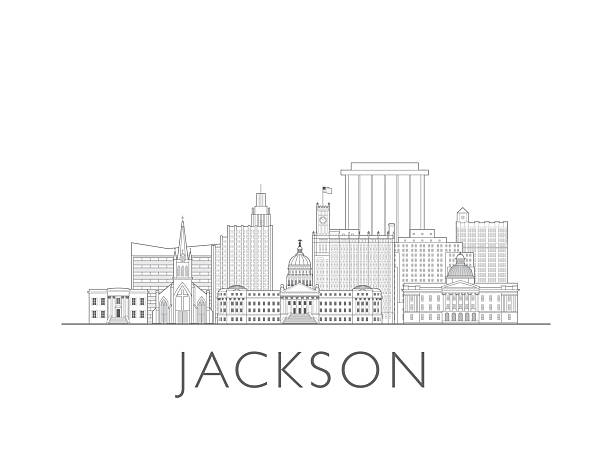 Jackson, Mississippi skyline, USA. Urban cityscape with landmarks and monuments. Hand drawn line art digital skyline illustration.