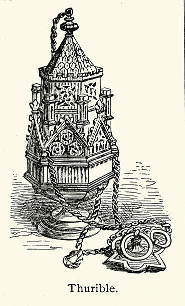 Thurible, a metal incense burner suspended from chains, in which incense is burned during worship services Victorian, Vintage illustration, 19th Century