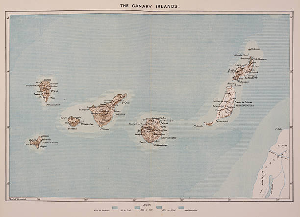 19th century geographical map of the Canary Islands, Atlantic Ocean, off the coast of Africa.