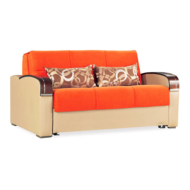 Orange & Beige Mid Back Linen Sofa Bed Isolated on White Background. Modern Upholstered Loveseat with Armrests and Seat Cushion Front View. Stylish Three 3 Seater Couch with Two Scatter Pillows