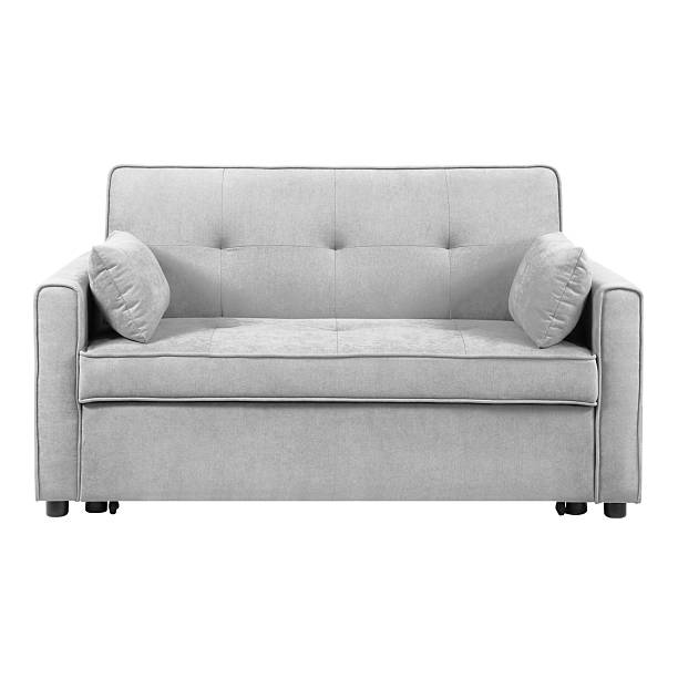 Light Gray Mid Back Linen Sofa Bed Isolated on White Background. Modern Upholstered Loveseat with Armrests and Seat Cushion Front View. Stylish 2 Seater Couch with Two Scatter Pillows