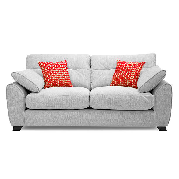 Grey Mid Back Linen Sofa Bed Isolated on White. Upholstered Loveseat with Armrests and Seat Cushion Front View. Three 3 Seater Couch with Four Scatter Pillows