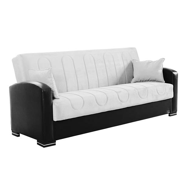 Grey & Black Mid Back Fabric Sofa Bed Isolated on White Background. Modern Classic Upholstered Loveseat with Armrests and Seat Cushion Side View. Stylish 2 Seater Couch with Two Scatter Pillows
