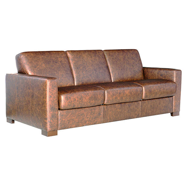 Classic Brown Leather Sofa Bed Isolated on White Background. Upscale Upholstered Loveseat with Armrests and Seat Cushion Side View. Modern Versatile Three 3 Seater Couch with Mid Reclining Back