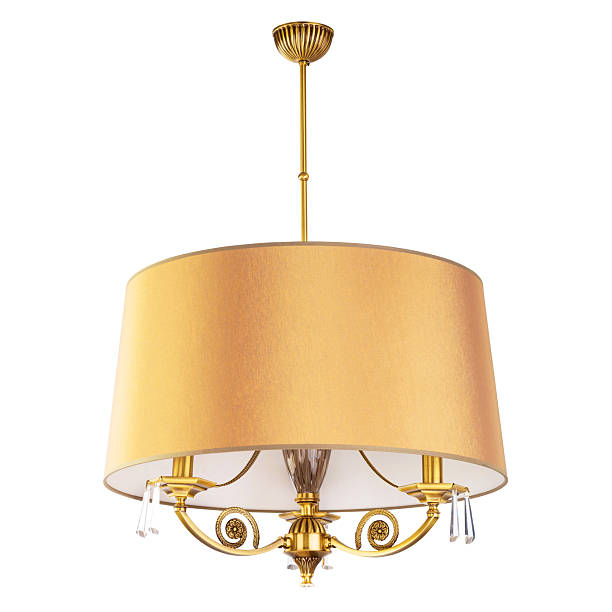 Classic Brass Chandelier 3 Lights with Fabric Shade Isolated on White Background. Modern Pendant Ceiling Light Fixture in Patina and Crystals. Vintage Hanging Lights. Pendant Sconce Lighting Lamp