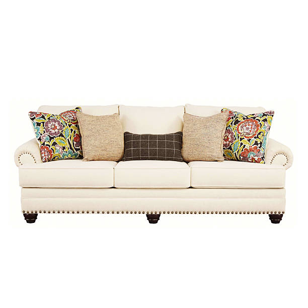 Classic Beige Linen Sofa Bed Isolated on White Background. Upholstered Loveseat with Armrests and Seat Cushion Front View. Modern Three 3 Seater Couch with Mid Back & Five Scatter Pillows