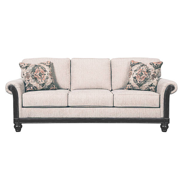 Beige Mid Back Linen Sofa Bed Isolated on White Background. Classic Upholstered Loveseat with Armrests and Seat Cushion Front View. Modern Three 3 Seater Blackwood Couch with Two Scatter Pillows
