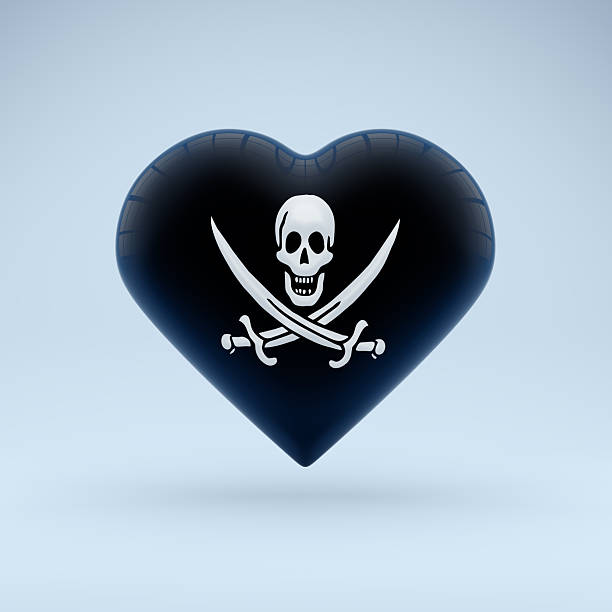 3D illustration of a shiny dark blue heart featuring a pirate skull with crossed swords (Jolly Roger style), isolated on a soft light background.