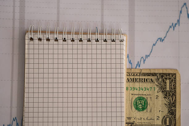 blank spiral notebook on stock market chart with one dollar bill, financial planning, investment strategy, business budget mockup, accounting and savings concept