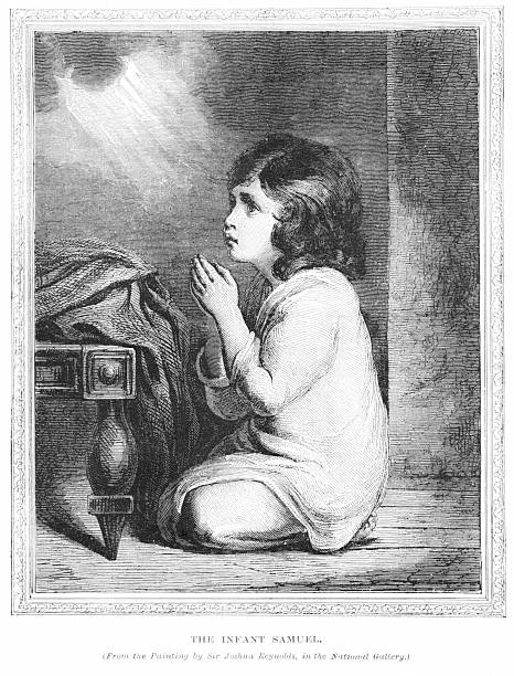 Young Samuel, a prophet, on his knees praying, in ancient Israel. Illustration published 1886. Copyright expired; artwork is in Public Domain.