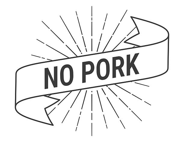 No Pork. Banner, ribbon, label with a thin black outline and light rays. Trendy black and white illustration isolated on a blank background for your own design. Vector Illustration (EPS file, well layered and grouped). Easy to edit, manipulate, resize or colorize. Vector and Jpeg file of different sizes.