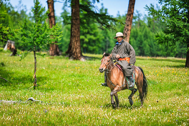 A smiling man in traditional clothing rides a brown horse across a sunlit grassy meadow dotted with white wildflowers and small yellow blooms. Tall trees and a lush green forest blur in the background as the rider, wearing a wide-brim hat and an orange sash, guides the trotting horse through the pastoral landscape.