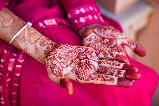 Jaipur, India - May 27, 2011: Hindu bride's hands with rose petals