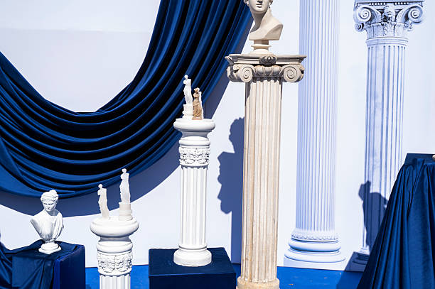 Decorative photo zone with antique elements for Greek Independence Day event. Concept of celebrating historical heritage, cultural identity, and traditional holiday mood.