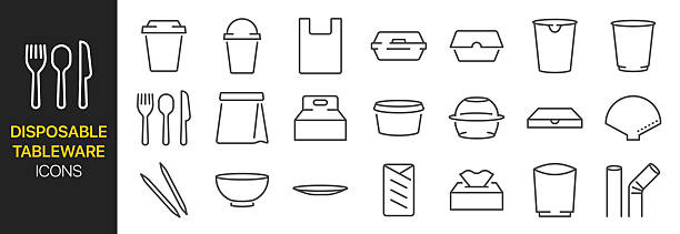 stockillustraties, clipart, cartoons en iconen met disposable tableware icon set. it includes package, paper, recycle, eat, and more icons. editable vector stroke. - schaal serviesgoed