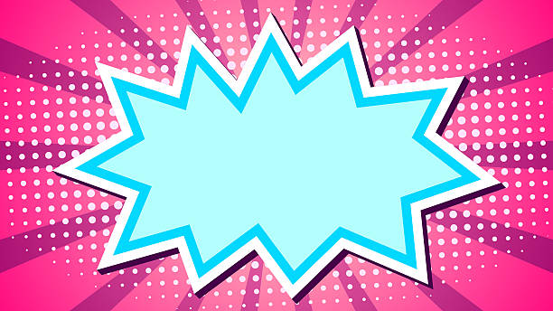 Blank comic speech bubble on halftone sunburst background. ​Retro pop art explosion background with empty shout box. ​Colorful comic book style background with starburst frame