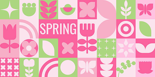 Spring geometric mosaic with flowers, rainbow and simple shapes. Vector illustration.