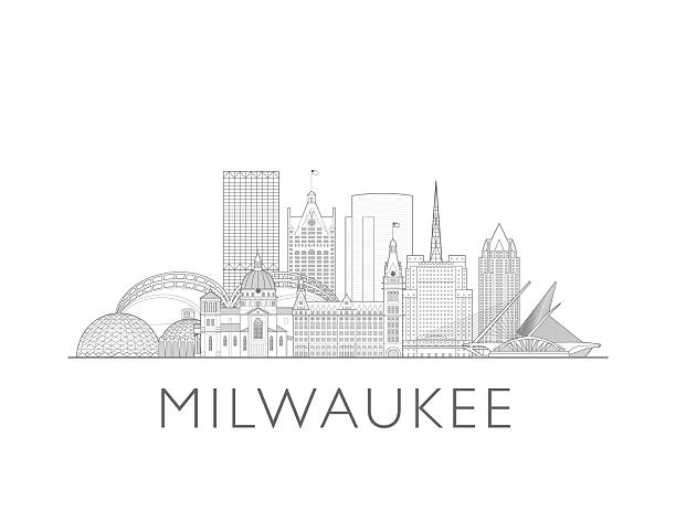 Milwaukee, Wisconsin skyline, USA. Urban cityscape with landmarks and monuments. Hand drawn line art digital skyline illustration.