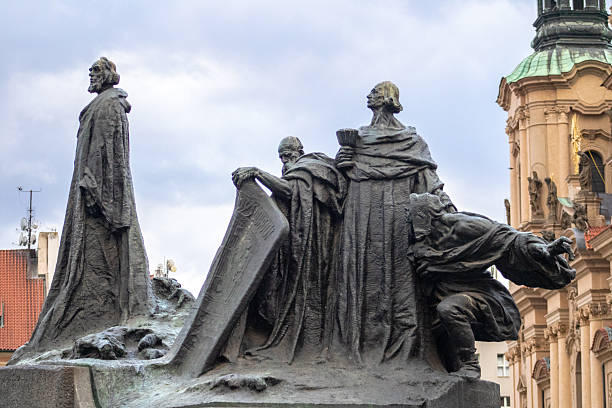 Prague, Czech Republic on March 27, 2021: Jan Hus Monument, Old Town Square, Prague, Czech Republic