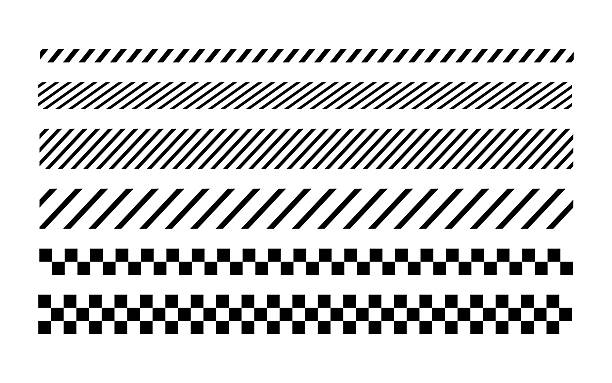 Collection of black stripe and checkered pattern dividers arranged in horizontal rows. Minimal abstract separator elements isolated on a light background, suitable for page layout, graphic design, web design, and decorative formatting.