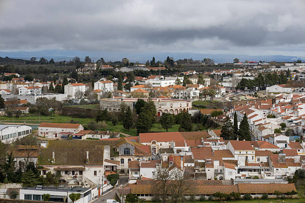 Estremoz, Portugal - February 17, 2026: Estremoz, alentejo, portugal, showcasing a townscape with terracotta roofs under a cloudy sky