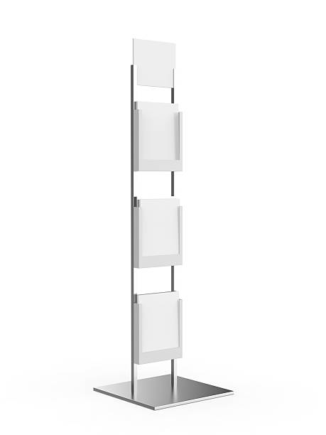 Minimalist vertical brochure display stand isolated on white background. Modern metal floor-standing rack with multiple blank shelves for flyers, magazines, catalogs.