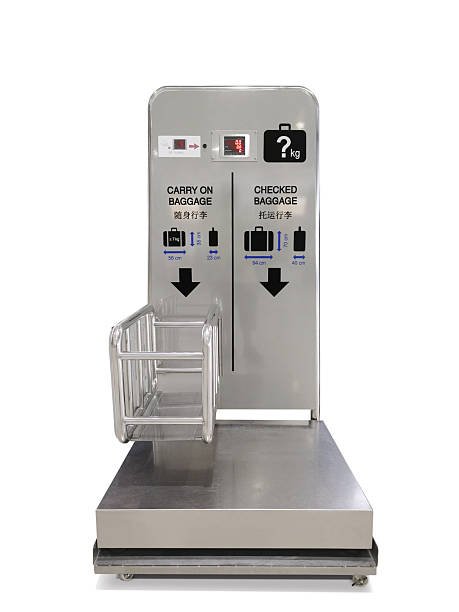 A baggage size and weight checker at the airport before boarding, on a white background.