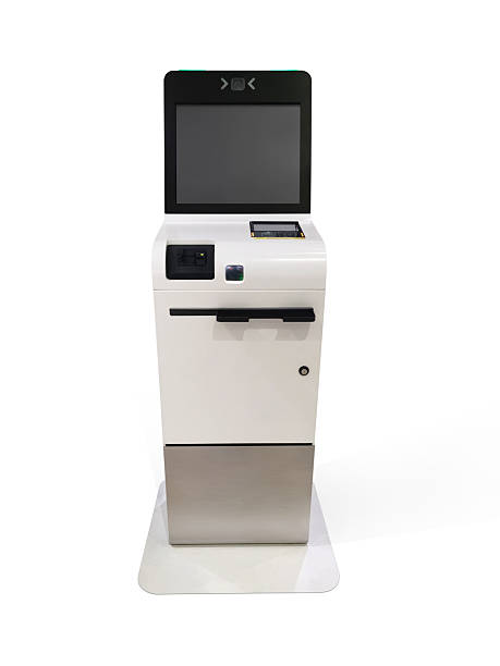 A self-service airline ticket vending machine located at the airport, standing alone against a white background.