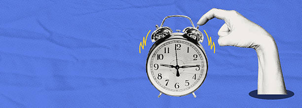 Retro Halftone Alarm Clock Banner. Hand Turning Off Ringing Clock on Blue Background. Time management collage concept for morning routine.