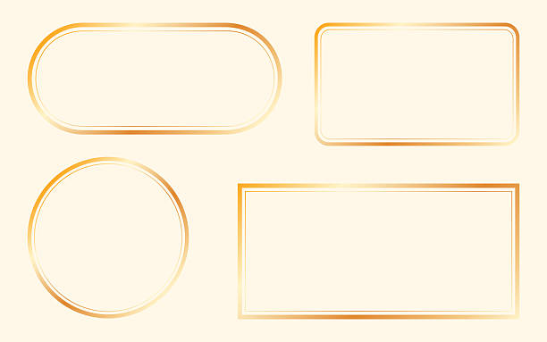 Collection of metallic gold decorative frames in various shapes including rounded rectangle, square with rounded corners, circle, and classic rectangle. Minimal luxury frame templates with subtle gradient effect and central copy space, ideal for certificates, invitations, branding, and premium designs.