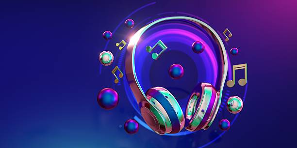 This vibrant three-dimensional illustration features a pair of sleek, metallic headphones surrounded by floating musical notes and spheres. Set against a deep blue and purple background with glowing neon circular patterns, the composition visualizes the immersive experience of high-fidelity audio. The futuristic aesthetic evokes themes of cyberculture, music streaming, and advanced sound technology. An excellent visual for audio equipment marketing, music festival promotions, podcast cover art, and entertainment blogs. It perfectly represents the rhythm, harmony, and energy of the modern digital soundscape.