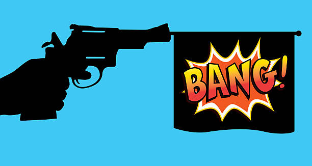 Vector illustration of a hand holding a pistol with a flag sticking out the barrel that says 