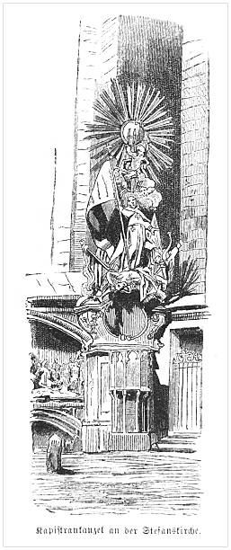 Historical illustration of the Capistran pulpit at St. Stephen's Cathedral, Vienna, Austria. Wood engraving, published in 1893.