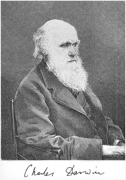 Vintage engraving of Charles Darwin, the famous naturalist and biologist, in a portrait from the 19th century.