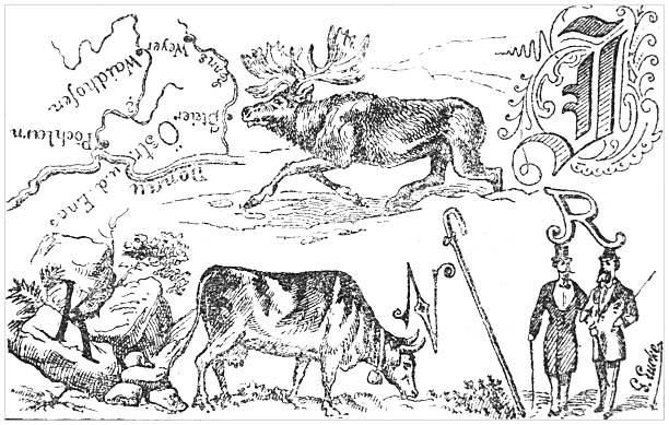 A vintage illustration featuring a moose, a cow, and two men in top hats, with decorative letters and landscape elements.