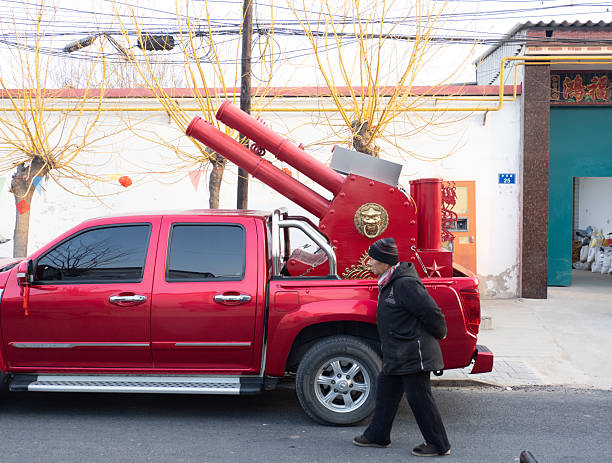 Xingtai, Hebei province ,  February 11, 2026:  Lively decorations and sounds are essential for a sense of ritual; however, in recent years, even in villages, setting off firecrackers has been prohibited, so people use the sound of firecrackers as a substitute.