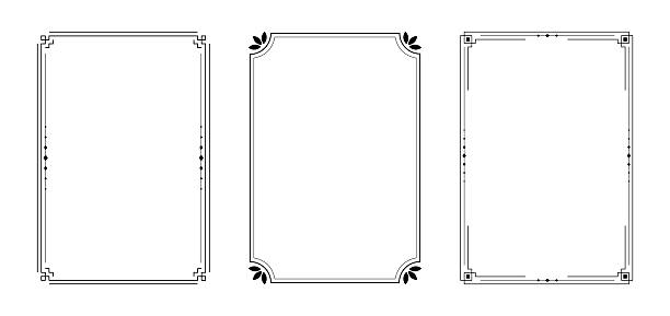 Collection of three elegant black decorative frames featuring thin line borders, geometric Art Deco corner details, and subtle floral accents. Minimalist vertical layouts with generous copy space, ideal for certificates, invitations, posters, announcements, and formal document designs.