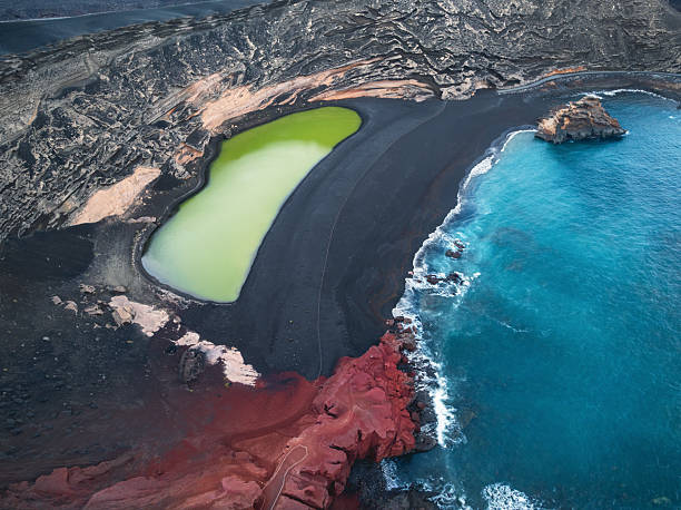Aerial view of the emerald green lagoon Charco de los Clicos surrounded by black volcanic sand and red lava rocks next to the Atlantic Ocean in El Golfo, Lanzarote, Canary Islands, Spain.