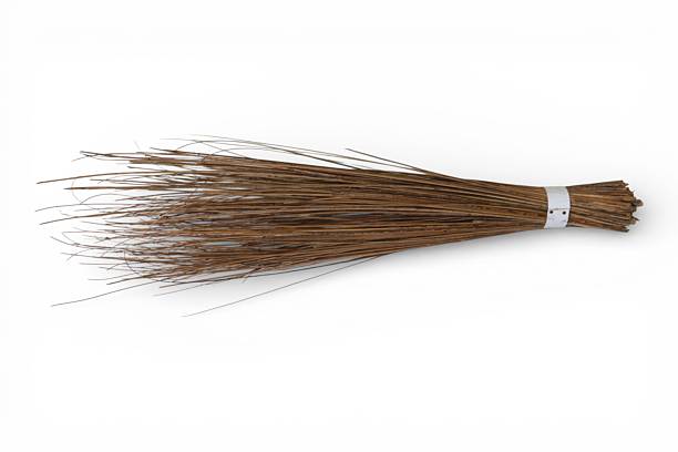 A traditional broom with brown bristles tied together at the handle with a white band, set against a plain white background.