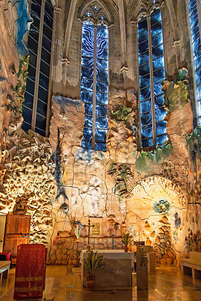 Choir with dark windows in palma cathedral with a altar
