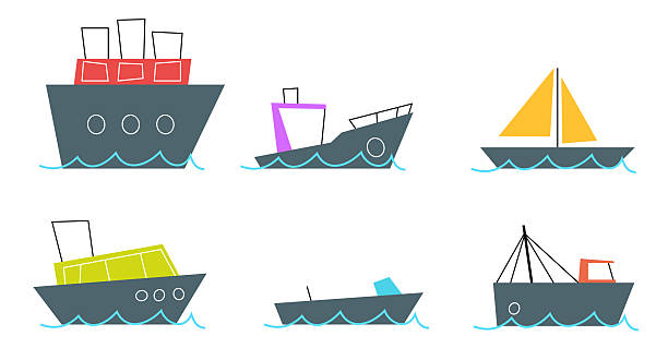 Includes cruise ships, sailboats, and cargo vessels designed in vintage mid century modern flat style. Ideal for marine themed branding, nautical posters, and travel infographics