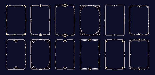 Celestial golden frames. Stylish frame, mystic tarot cards, invitation template. Decorative ornament with lines, moon crescent, sun, stars, racy vector design original artwork